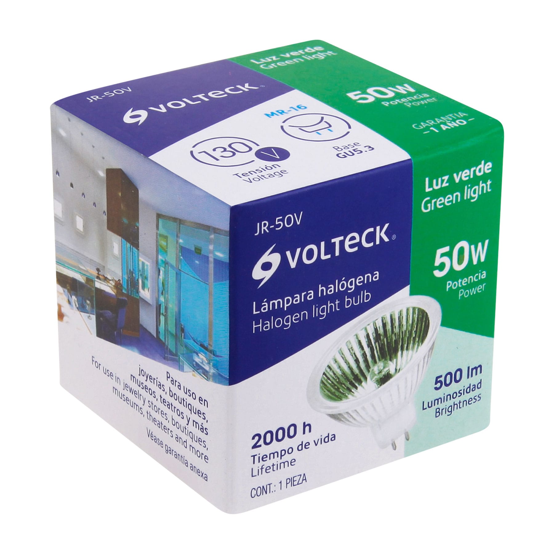 Foco de halógeno tipo JR, 50 w, verde, Volteck