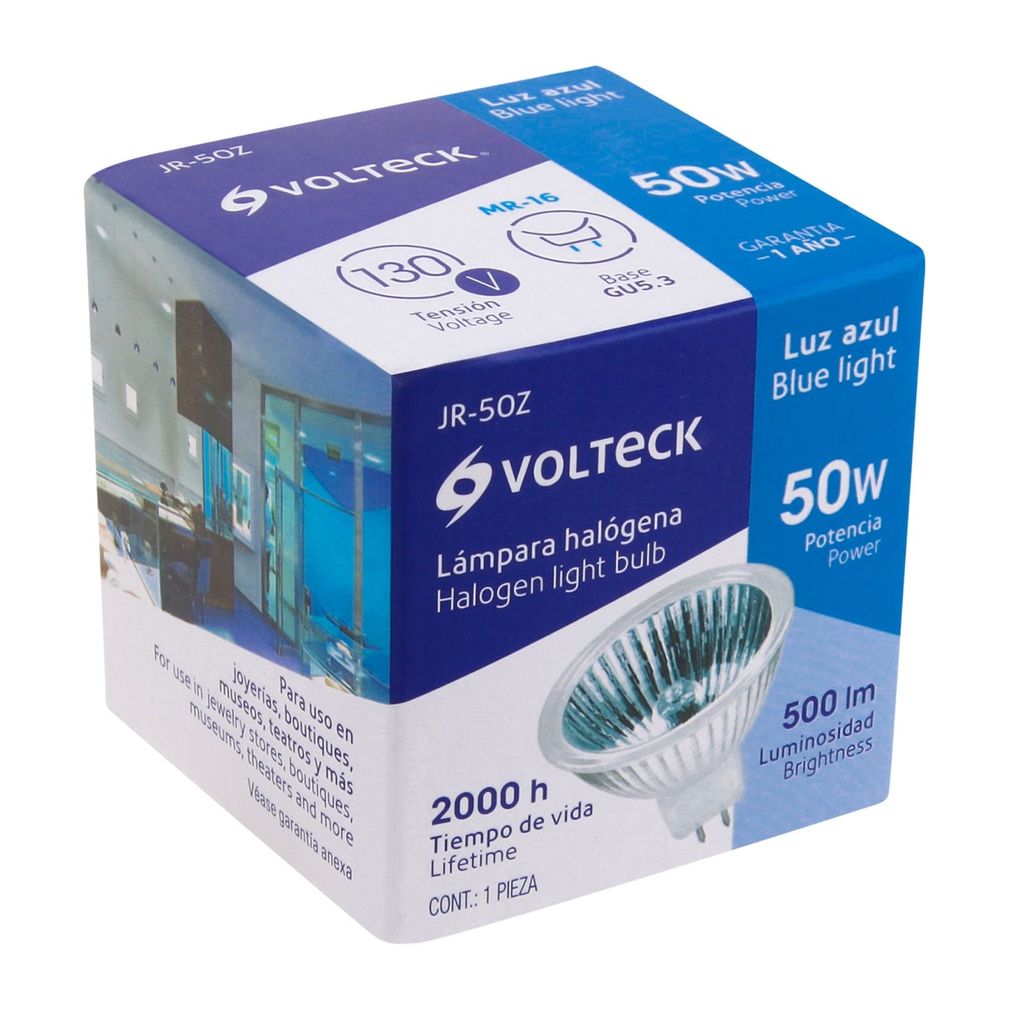 Foco de halógeno tipo JR, 50 w, azul, Volteck