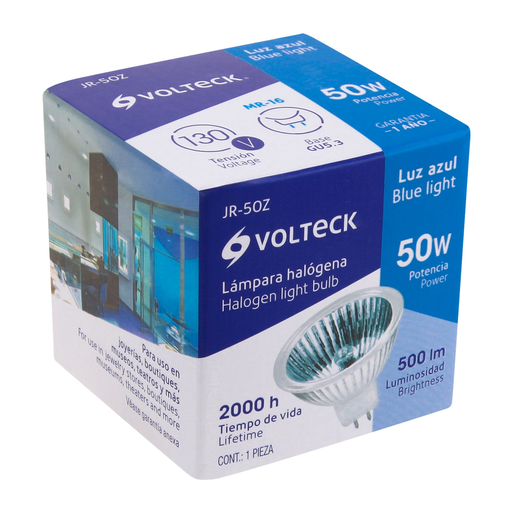 Foco de halógeno tipo JR, 50 w, azul, Volteck