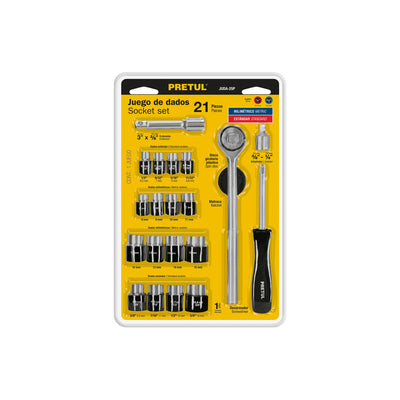 Juego de dados, cuadro 1/4 y 3/8", 21 piezas, Pretul