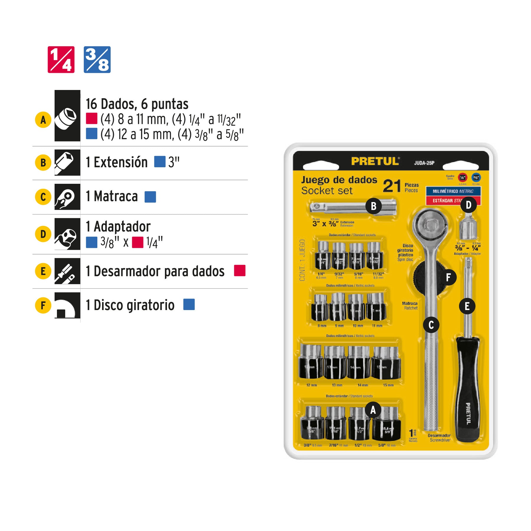 Juego de dados, cuadro 1/4 y 3/8", 21 piezas, Pretul