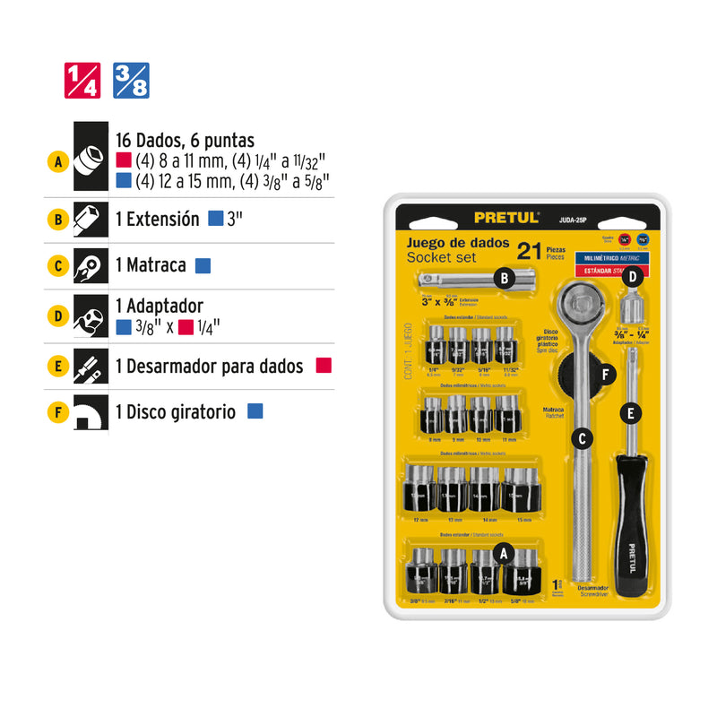Juego de dados, cuadro 1/4 y 3/8", 21 piezas, Pretul