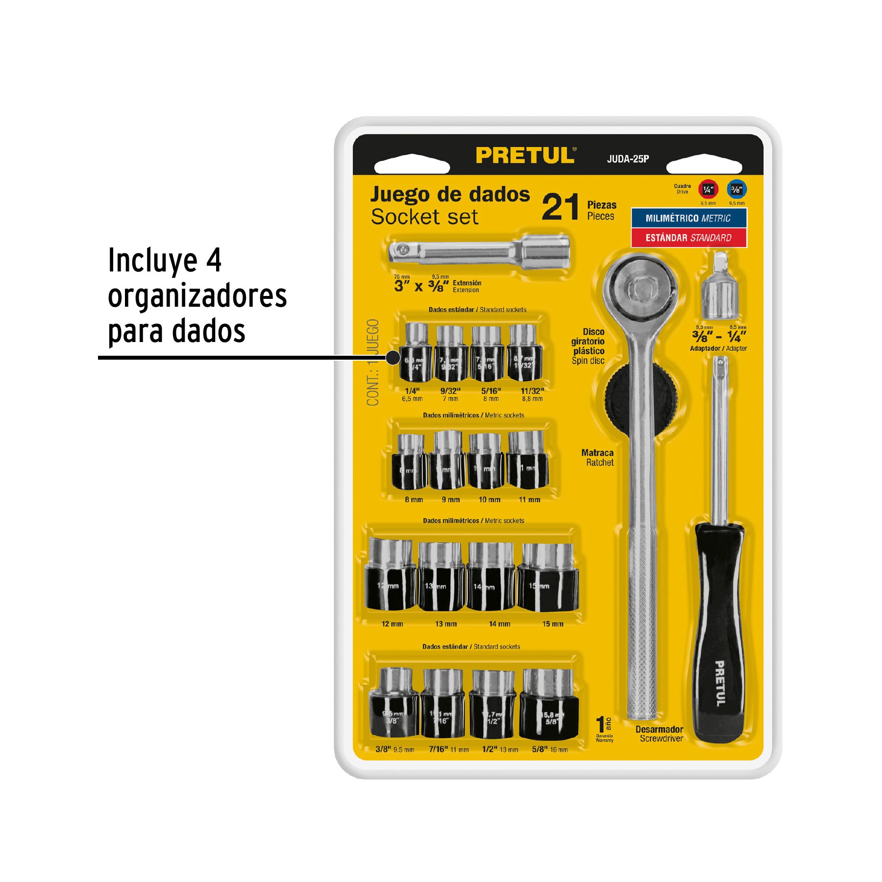 Juego de dados, cuadro 1/4 y 3/8", 21 piezas, Pretul
