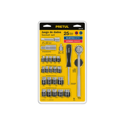 Juego de dados, cuadro 1/4 y 3/8", 25 piezas, Pretul