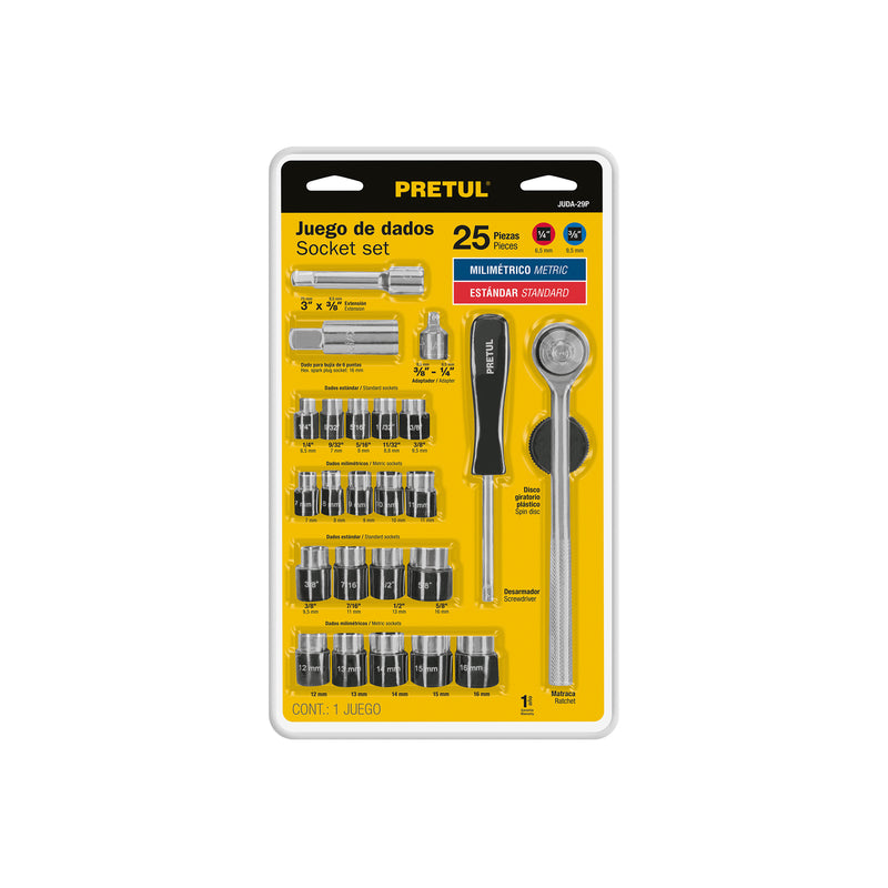 Juego de dados, cuadro 1/4 y 3/8", 25 piezas, Pretul