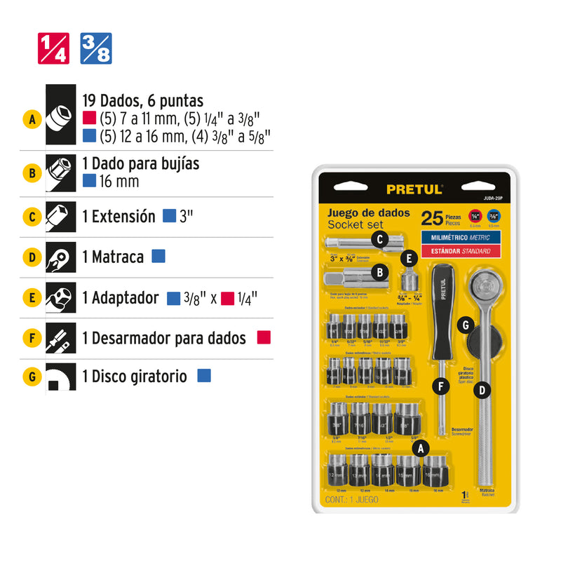 Juego de dados, cuadro 1/4 y 3/8", 25 piezas, Pretul