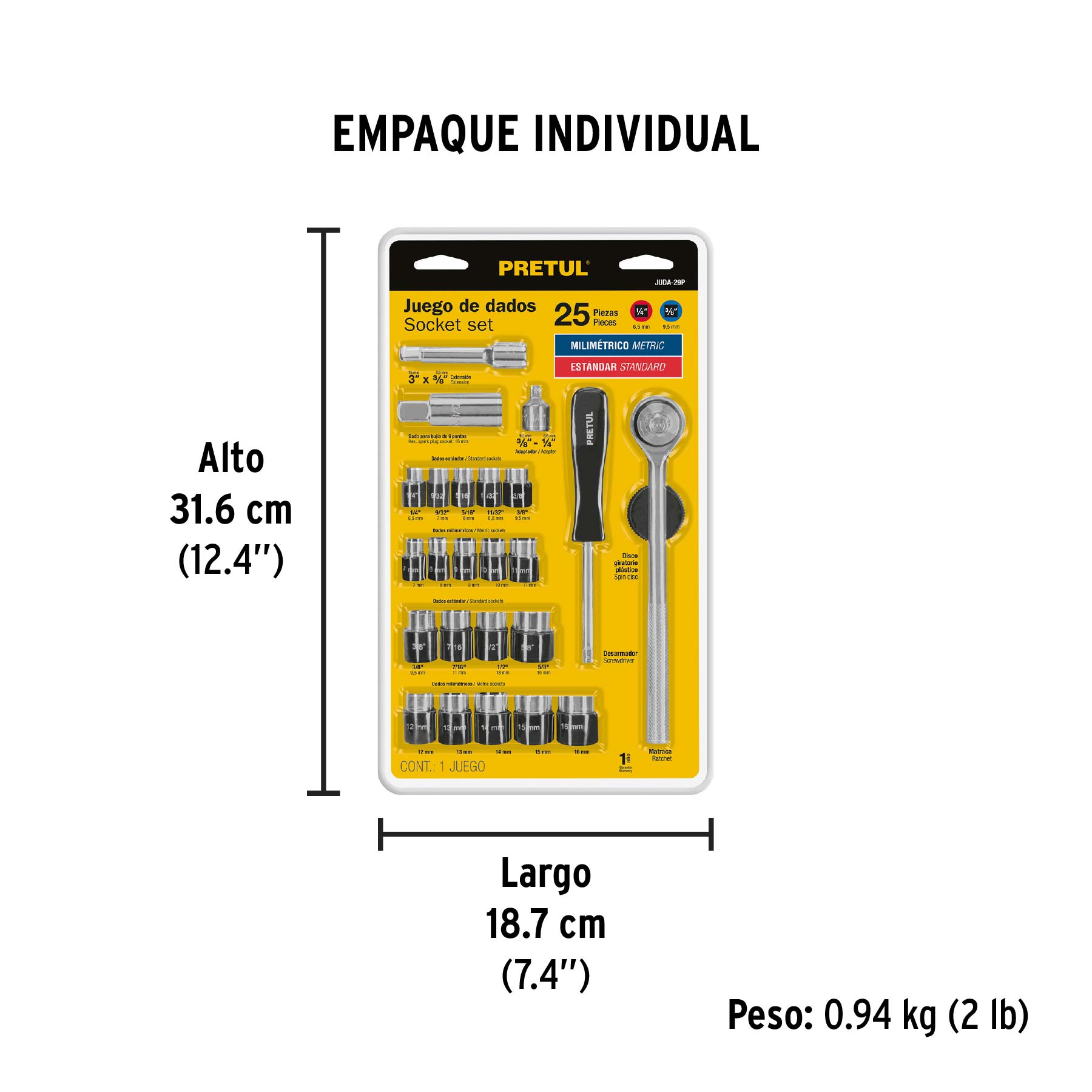 Juego de dados, cuadro 1/4 y 3/8", 25 piezas, Pretul