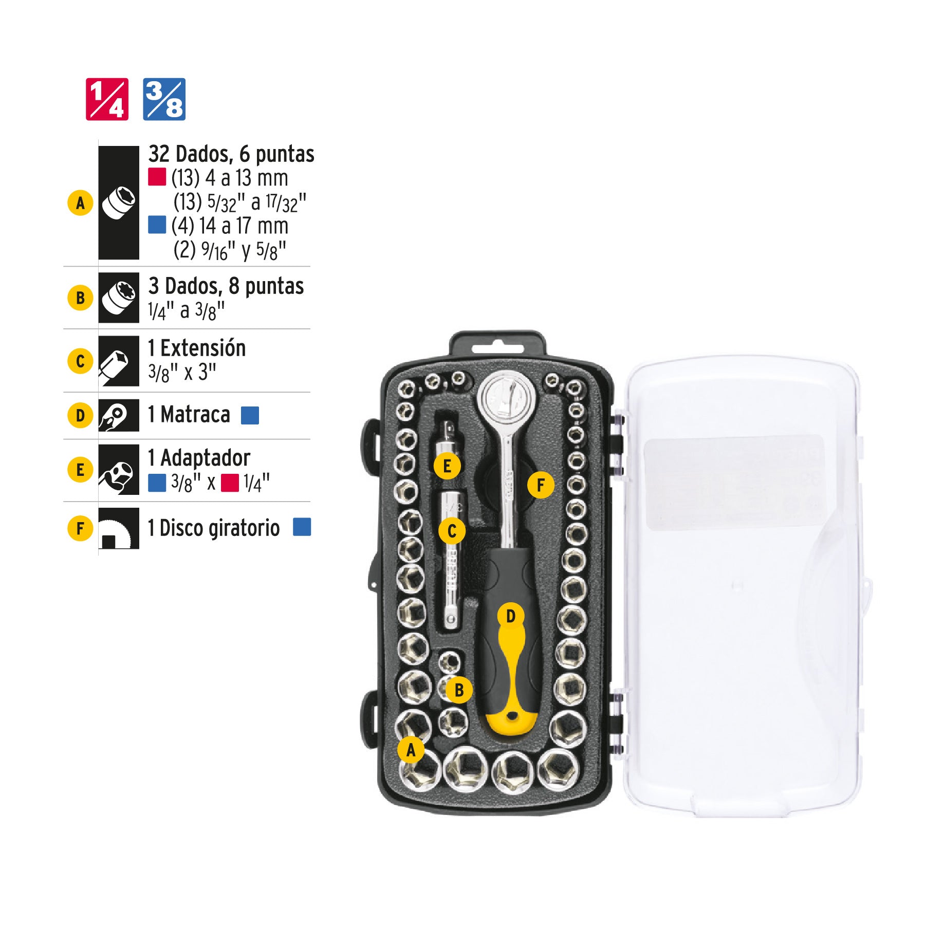 Juego de dados, cuadro 1/4 y 3/8", 39 piezas, Pretul