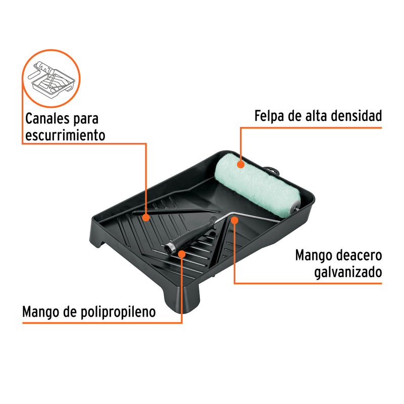 Kit de rodillo para pintar, 9" (maneral, charola y felpa)