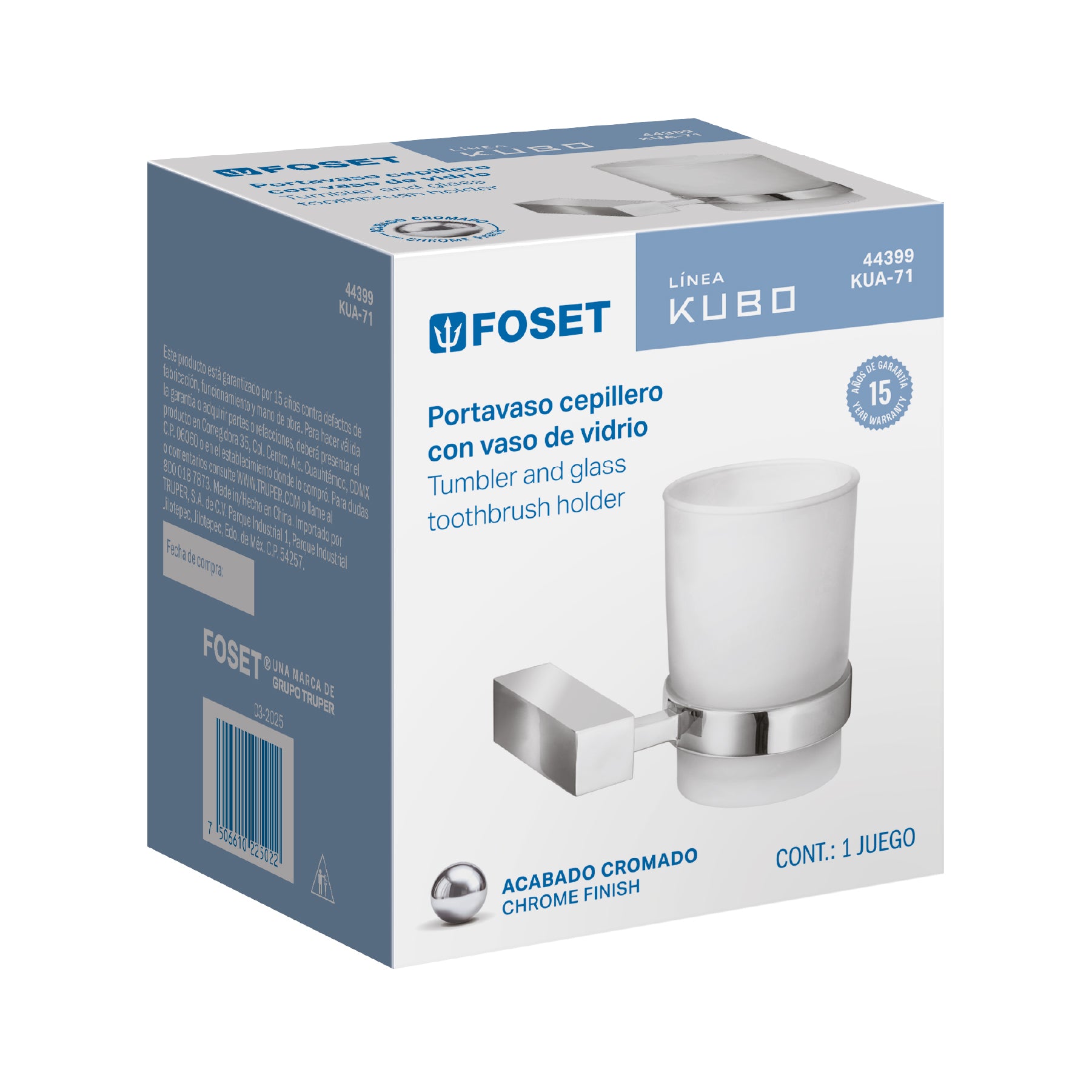 Portavaso cepillero con vaso de vidrio, cromo, FOSET KUBO