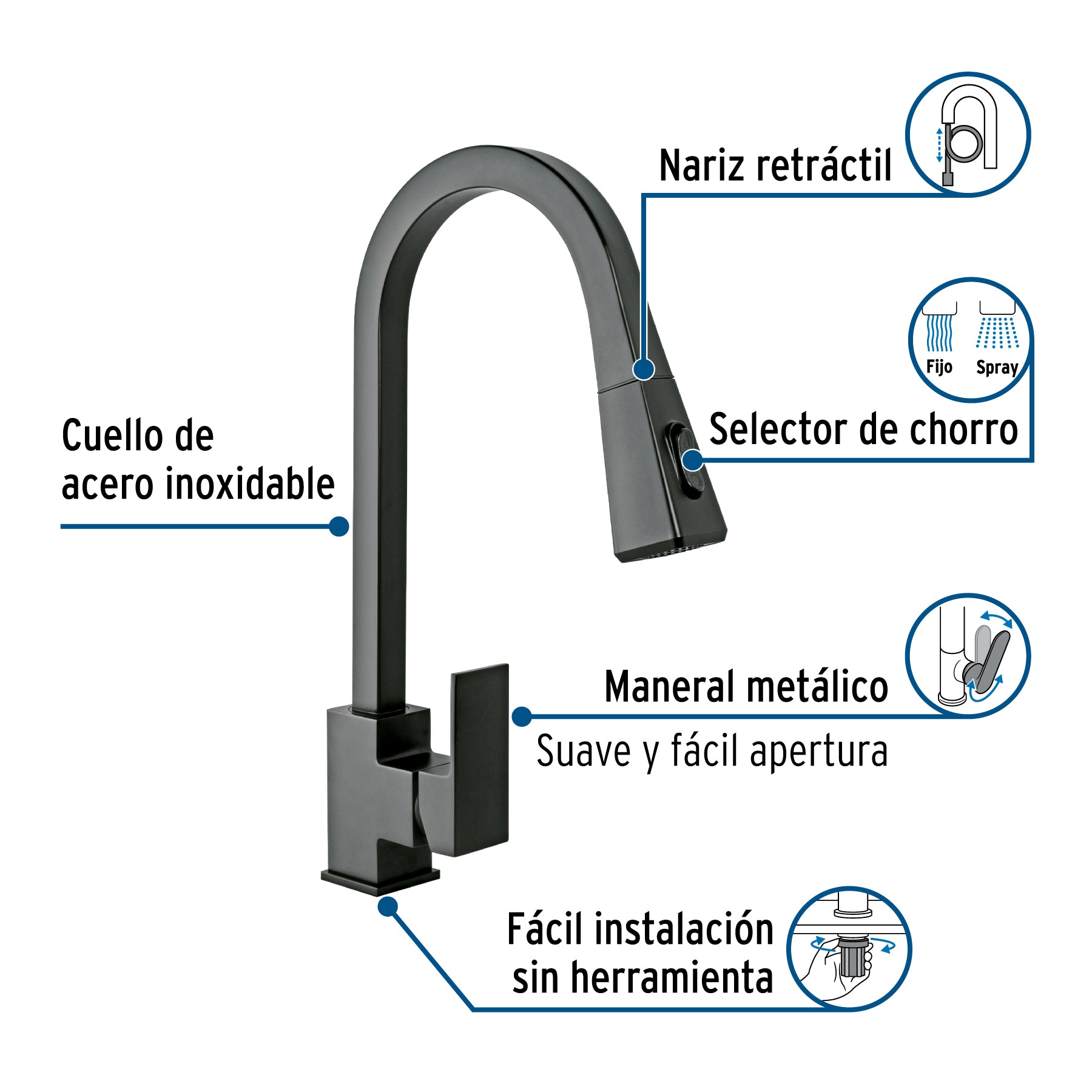 Monomando nariz retráctil para fregadero,negro, FOSET KUBO