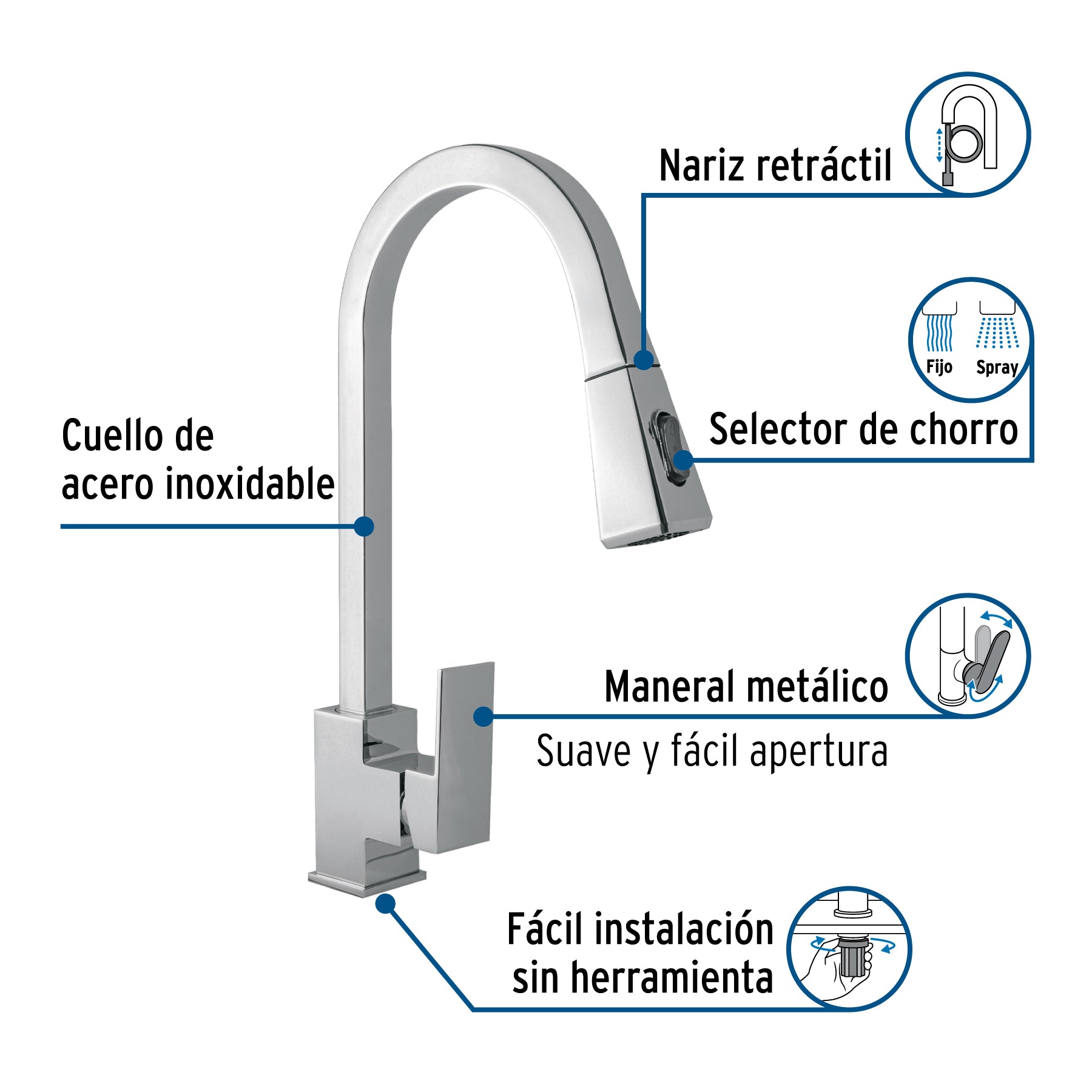 Monomando nariz retráctil para fregadero,cromo, FOSET KUBO