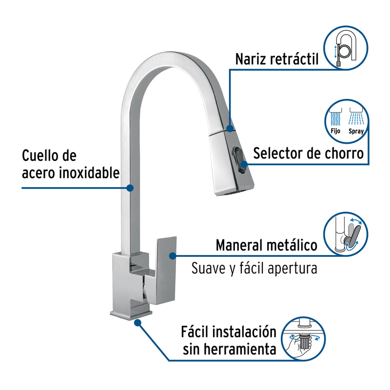 Monomando nariz retráctil para fregadero,cromo, FOSET KUBO