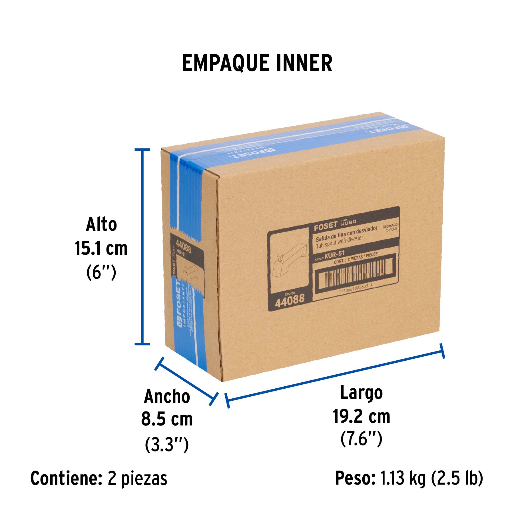 Salida de tina con desviador, cromo, FOSET KUBO