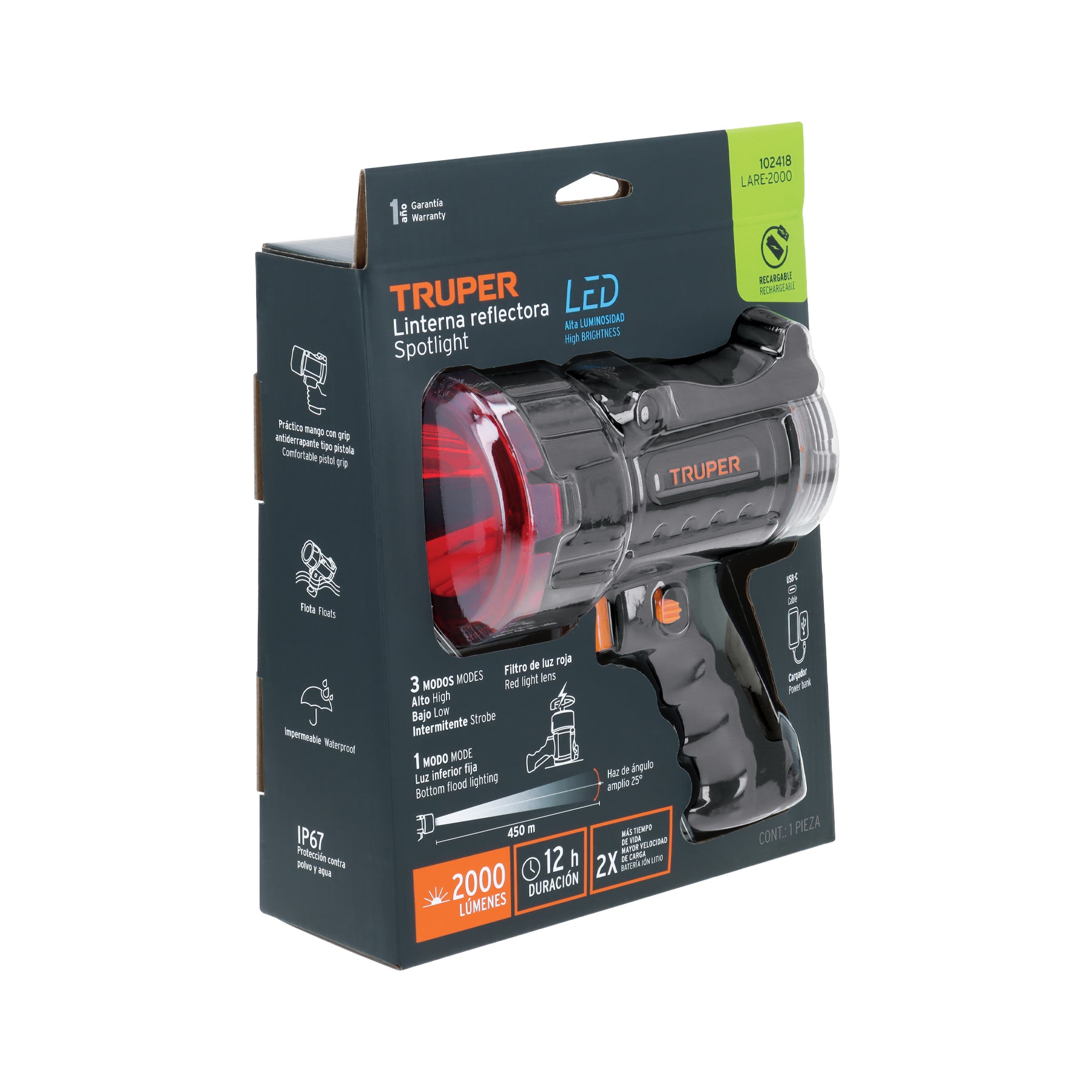 Lámpara de LED 2000 lm recargable alta potencia, Truper