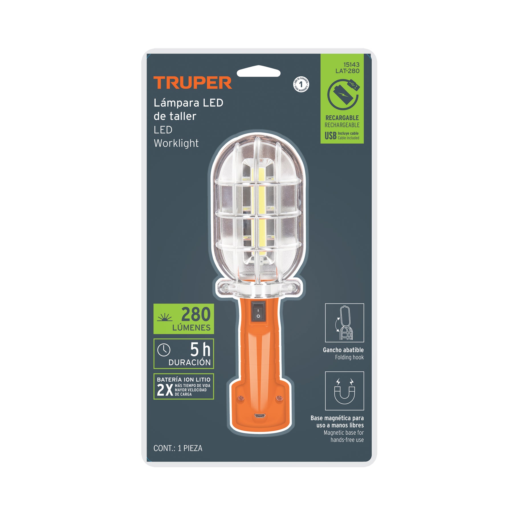 Lámpara de taller recargable de LED, 280 lúmenes