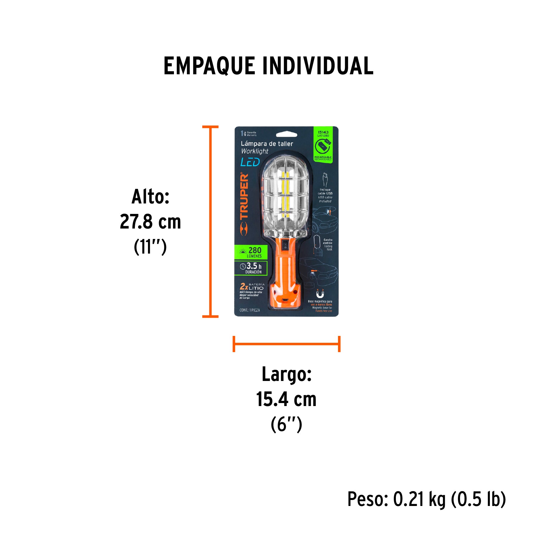 Lámpara de taller recargable de LED, 280 lúmenes