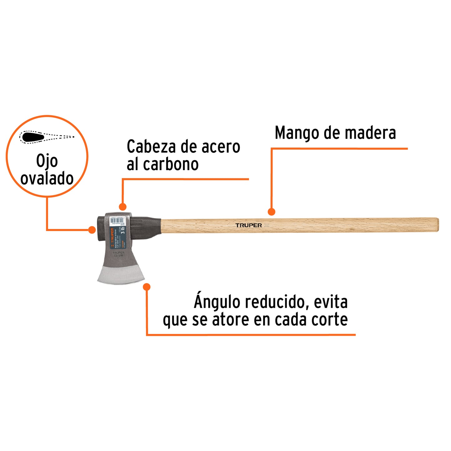Hacha labor entera 3 lb con mango de madera de 36', Truper