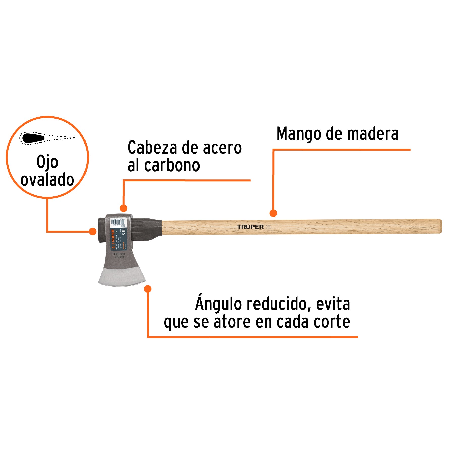 Hacha labor entera 3 lb con mango de madera de 36', Truper