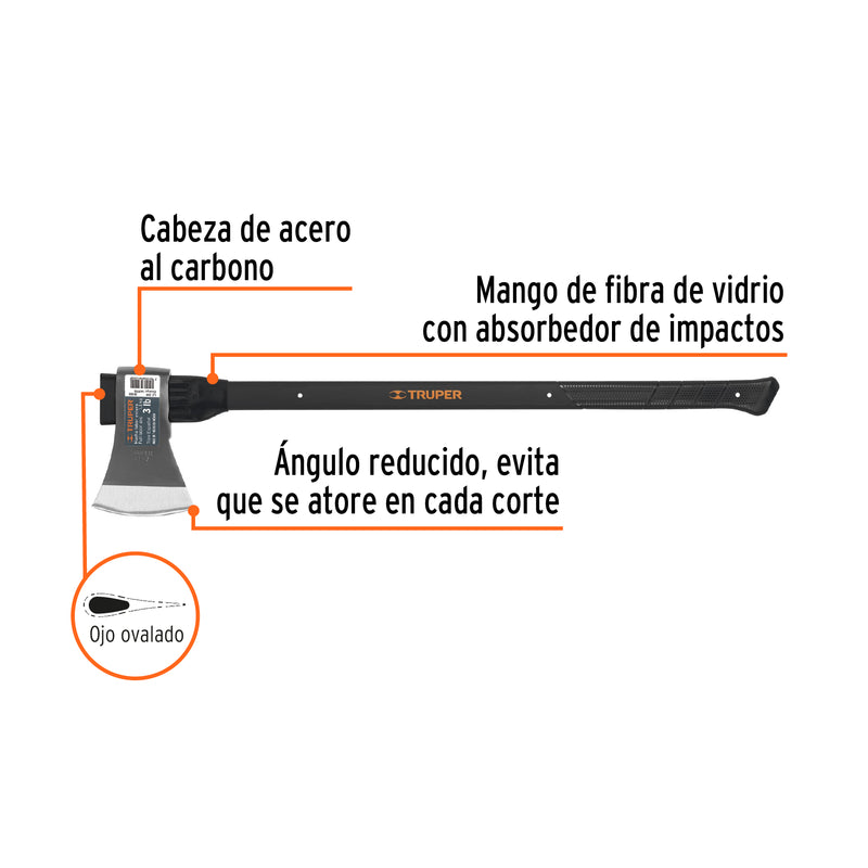 Hacha labor entera 3 lb, mango de fibra de vidrio 36',TRUPER