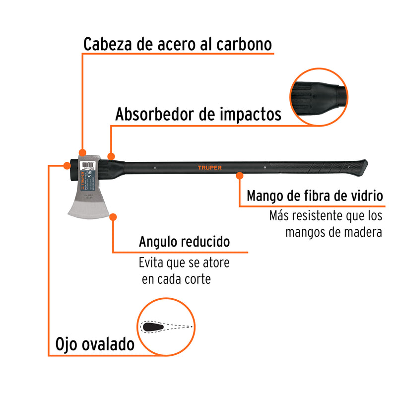 Hacha labor entera 3 lb, mango de fibra de vidrio 36',TRUPER