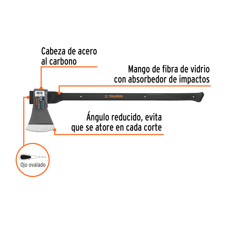 Hacha labor entera 4 lb, mango de fibra de vidrio 36',TRUPER