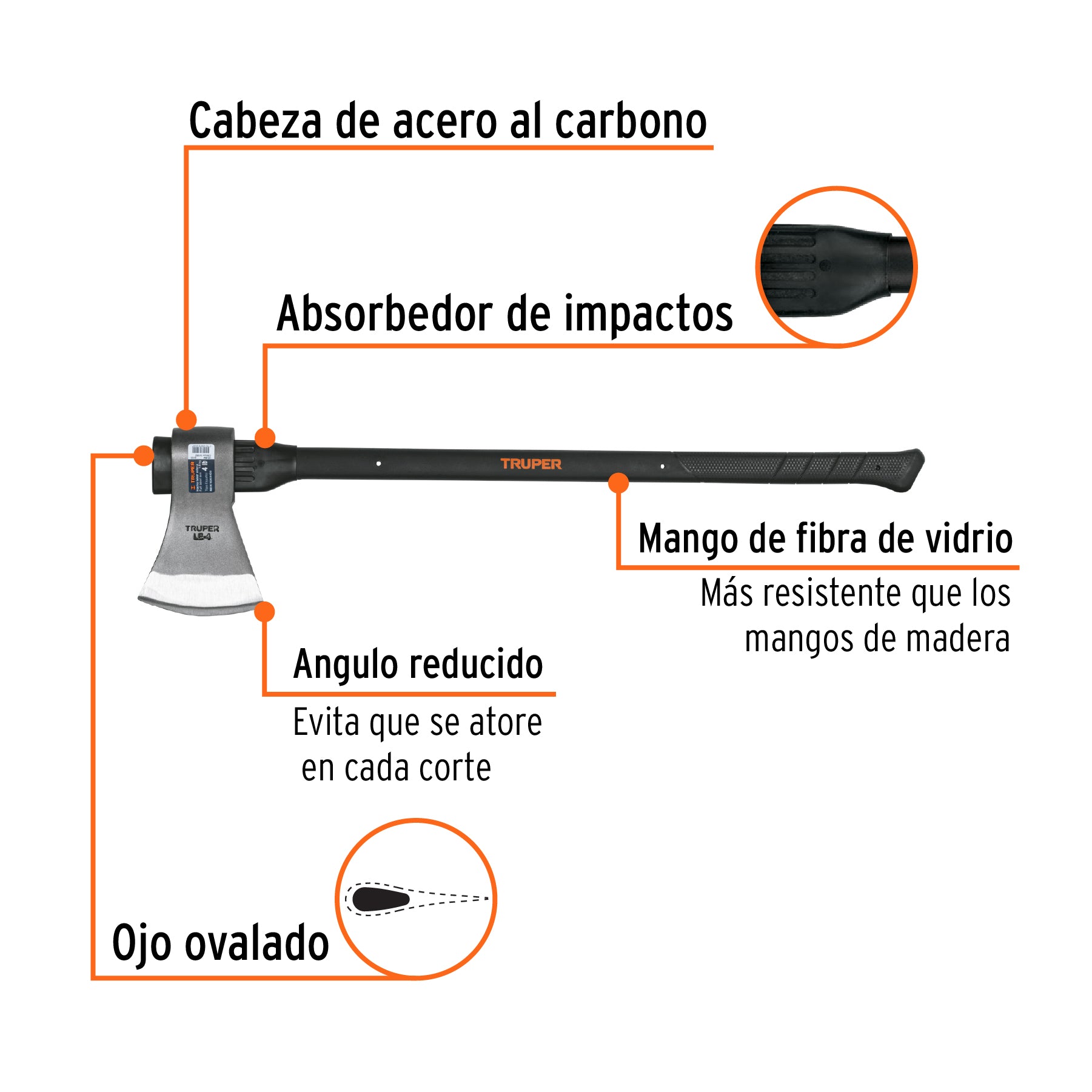 Hacha labor entera 4 lb, mango de fibra de vidrio 36',TRUPER