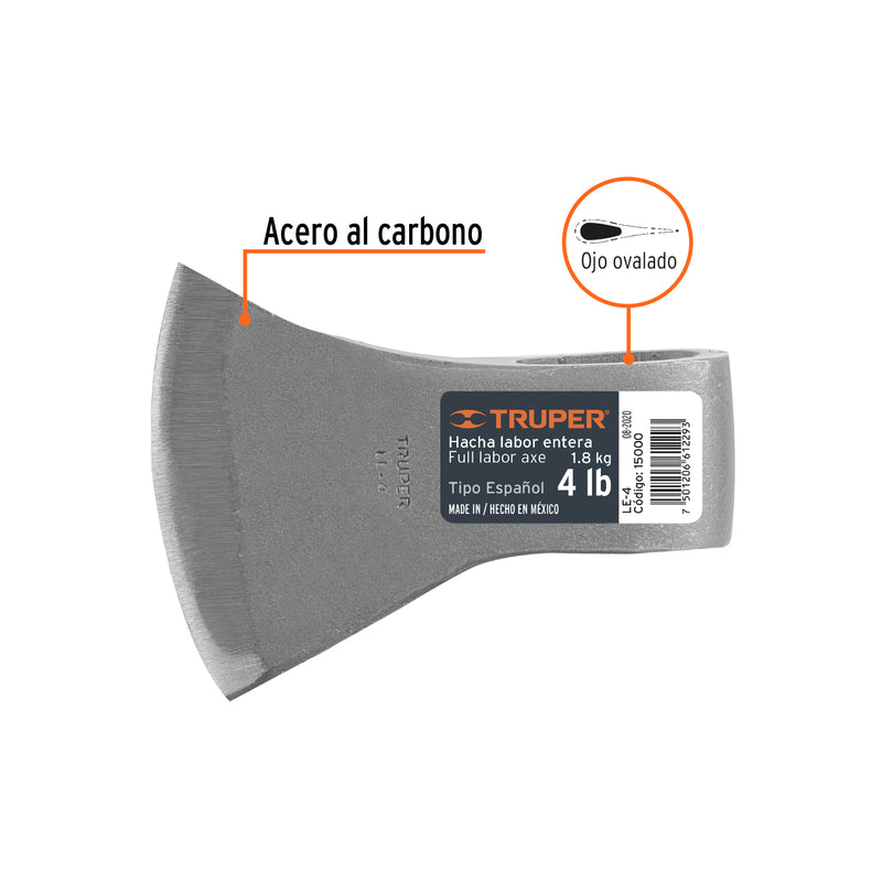 Hacha labor entera, 4 lb, sin mango