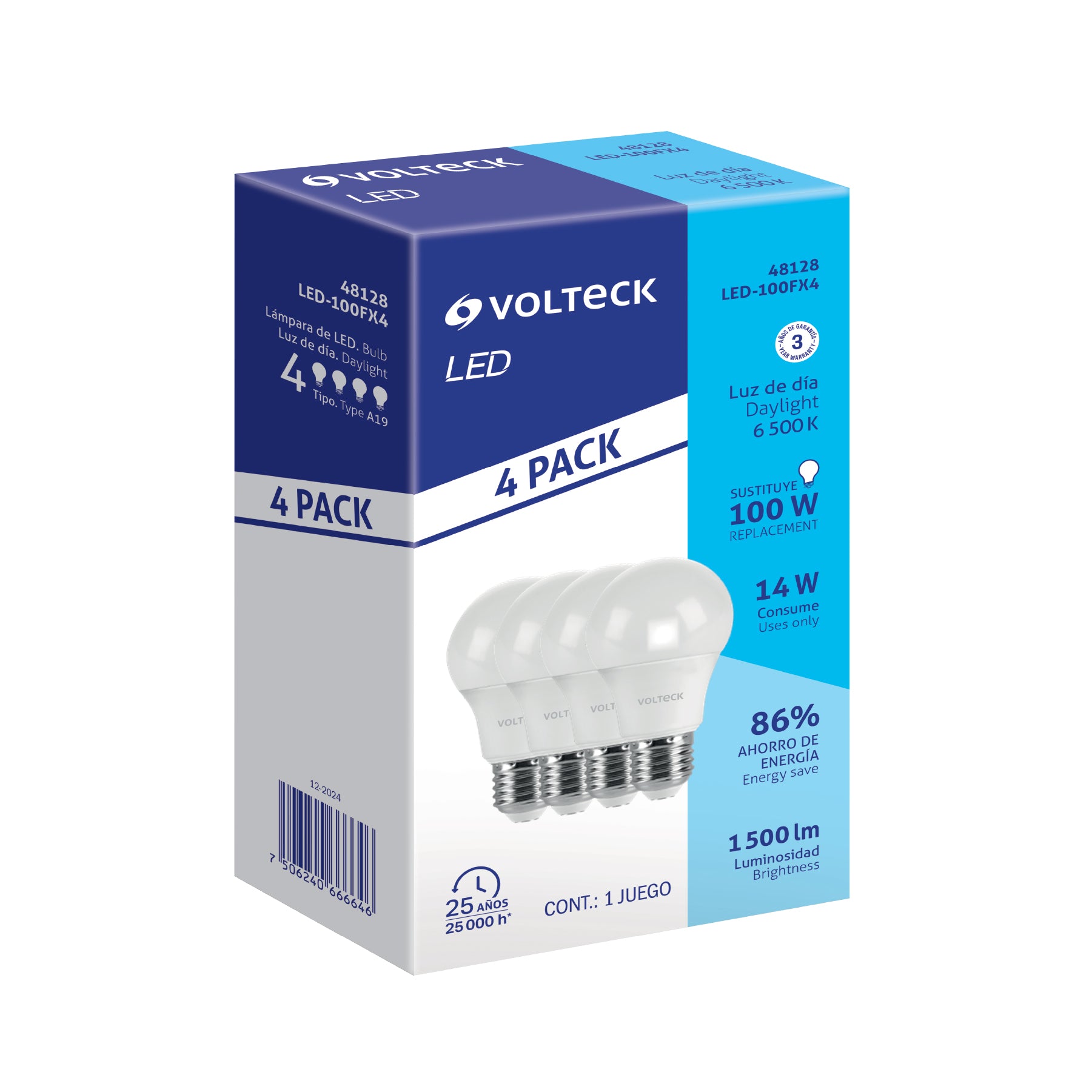 Lámpara LED tipo bulbo, A19, 14 W, luz de día, 4 pzas caja
