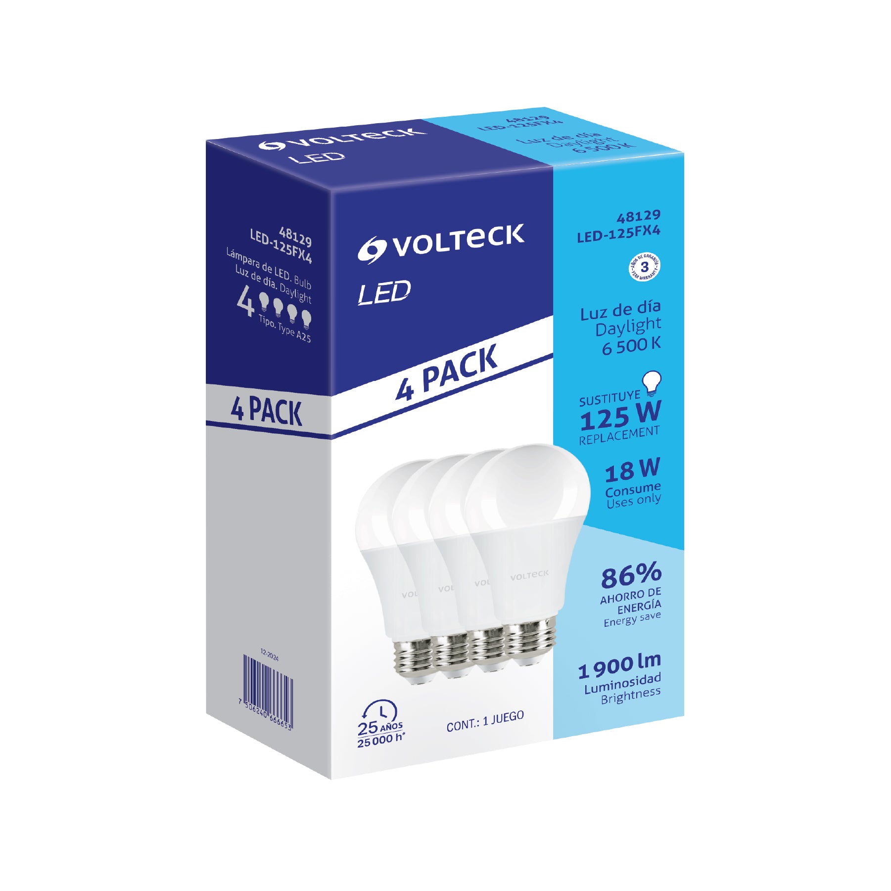 Lámpara LED tipo bulbo, A19, 18 W, luz de día, 4 pzas caja