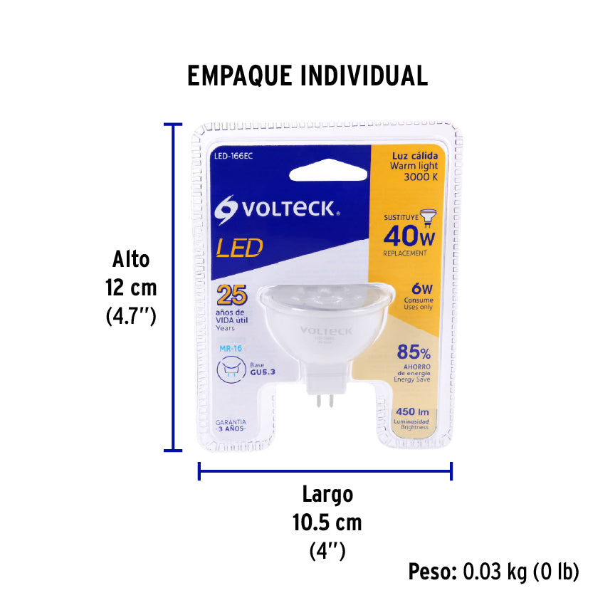 Lámpara de Led, MR16, 127V, 6 W, luz cálida