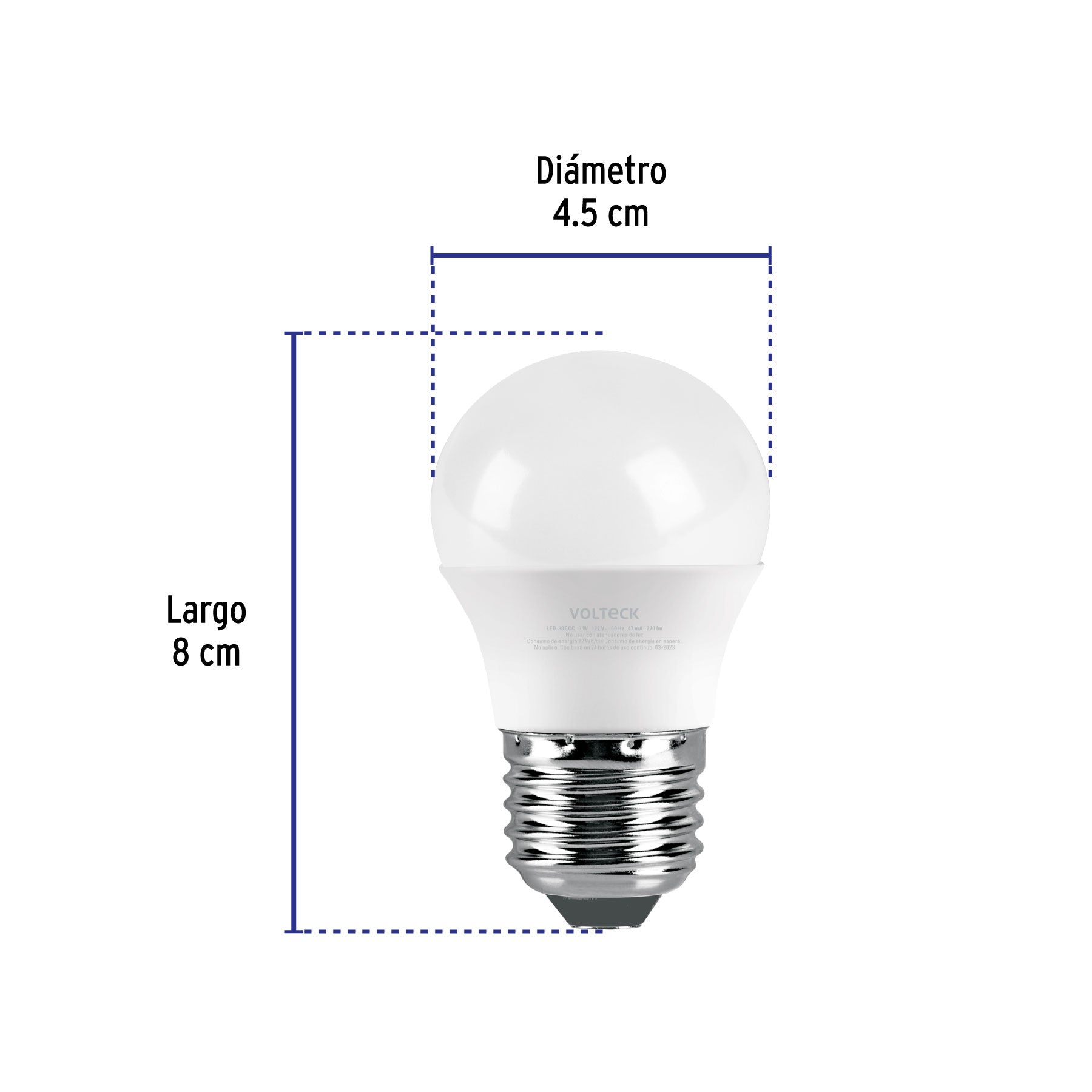 Lámpara LED tipo bulbo G45 3 W luz cálida, caja, Volteck