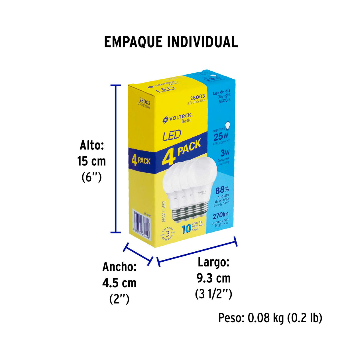 Lámpara LED,A19,3W,luz de día,Volteck Basic, 4 pzas en caja