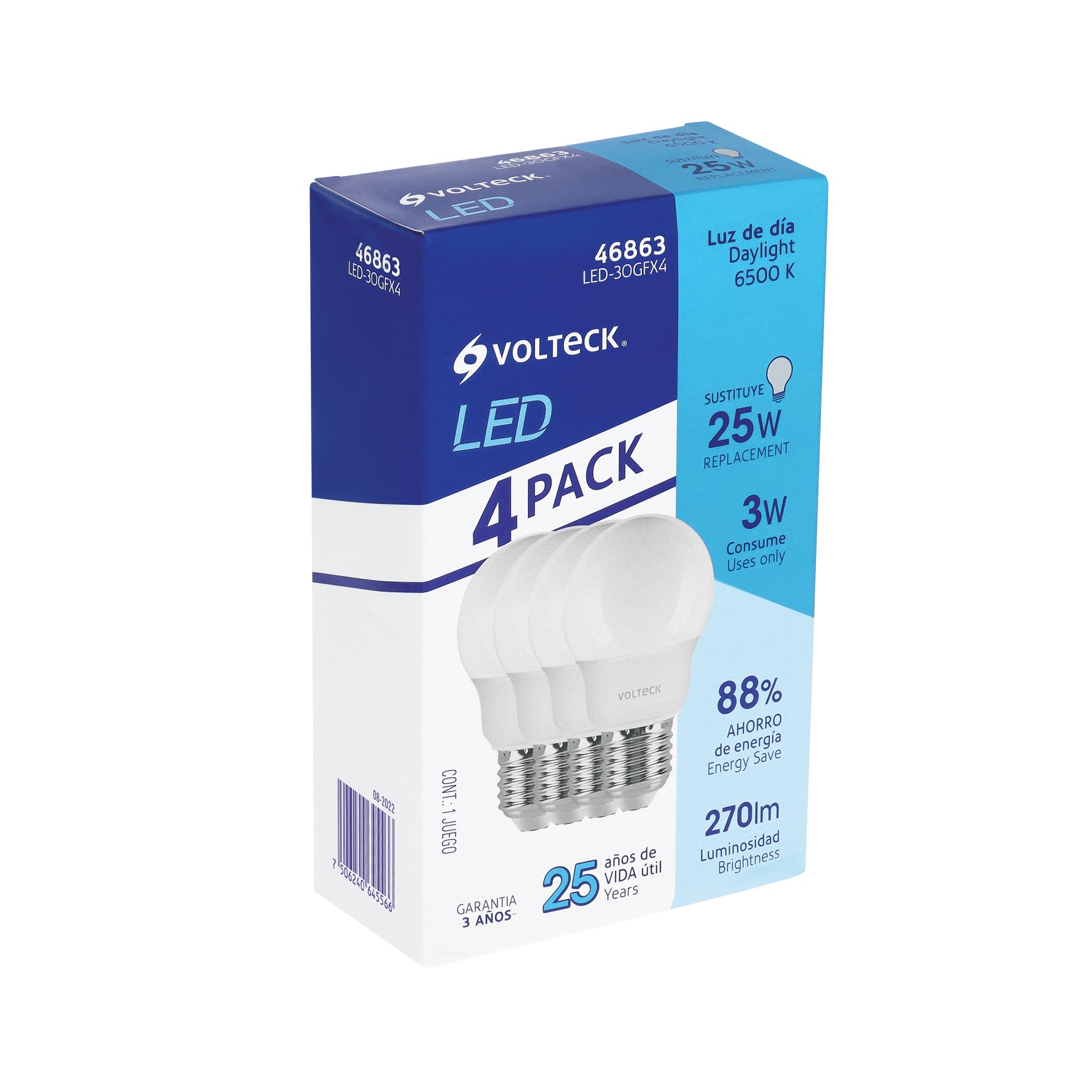 Lámpara de LED, A19, 3W, E27, luz de día, 4 piezas en caja