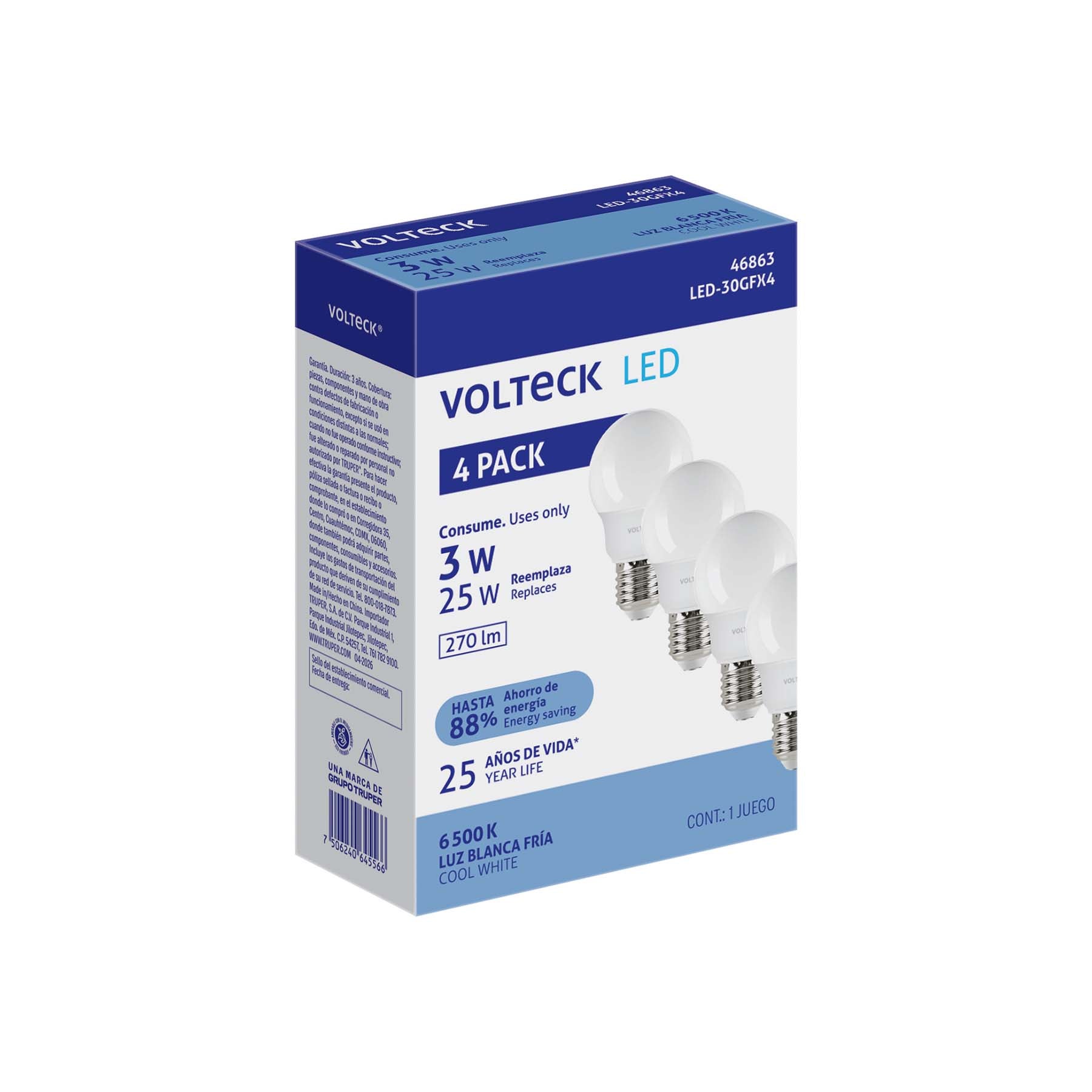 Lámpara de LED, A19, 3W, E27, luz de día, 4 piezas en caja