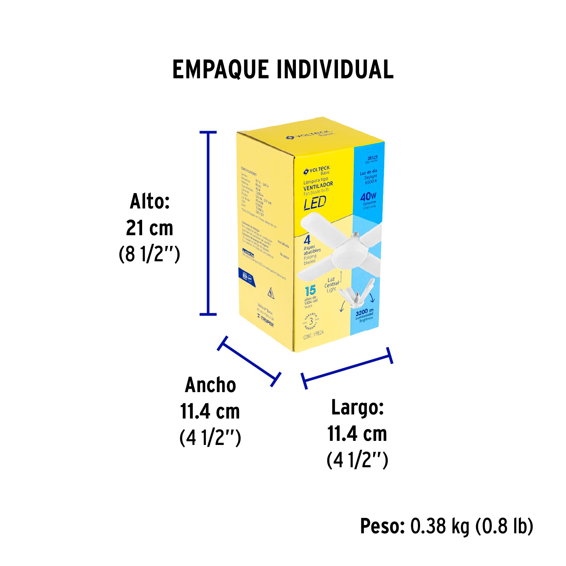 Lámpara LED 40W tipo ventilador, 4 aspas ajustables, Volteck