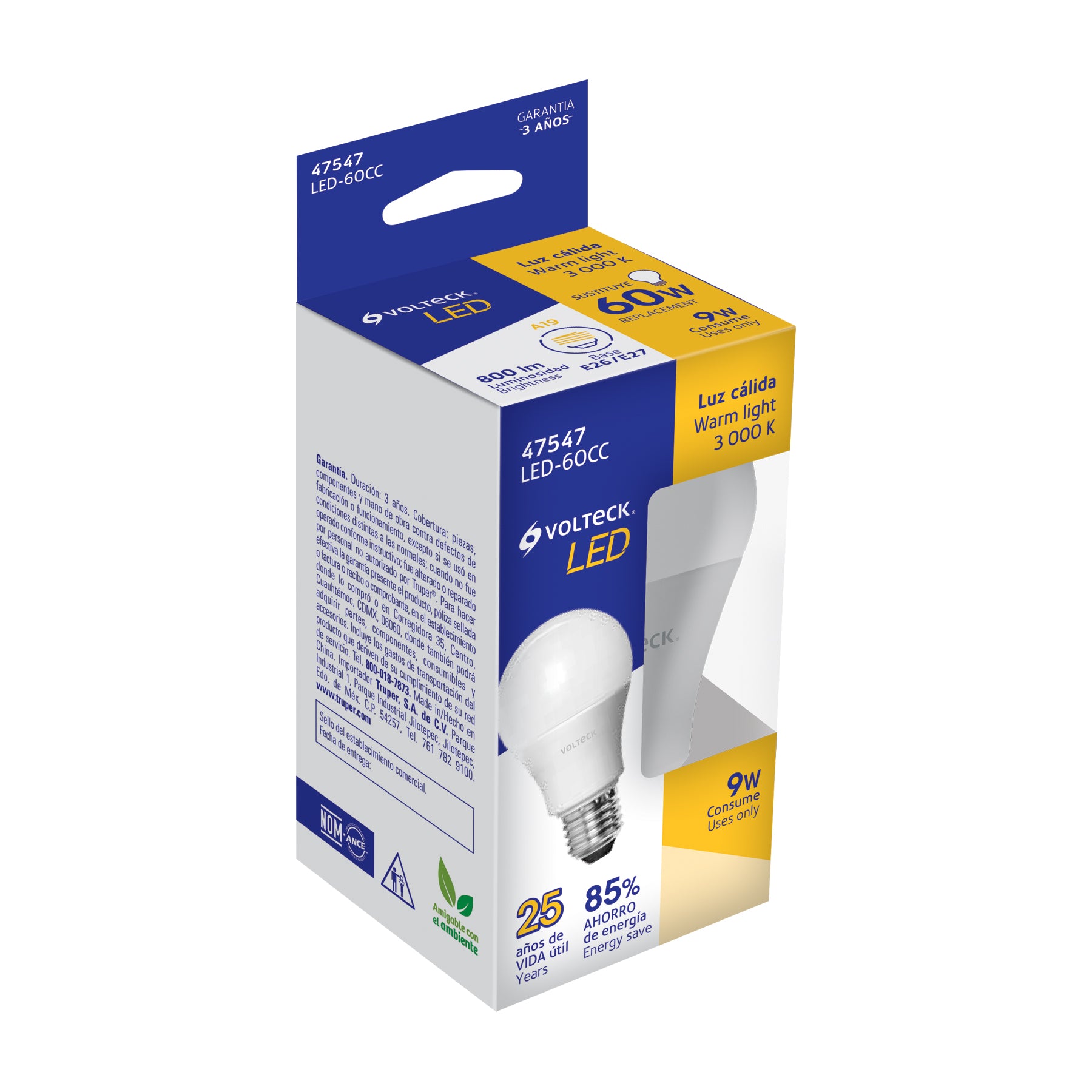 Lámpara LED tipo bulbo A19 9 W luz cálida, caja, Volteck