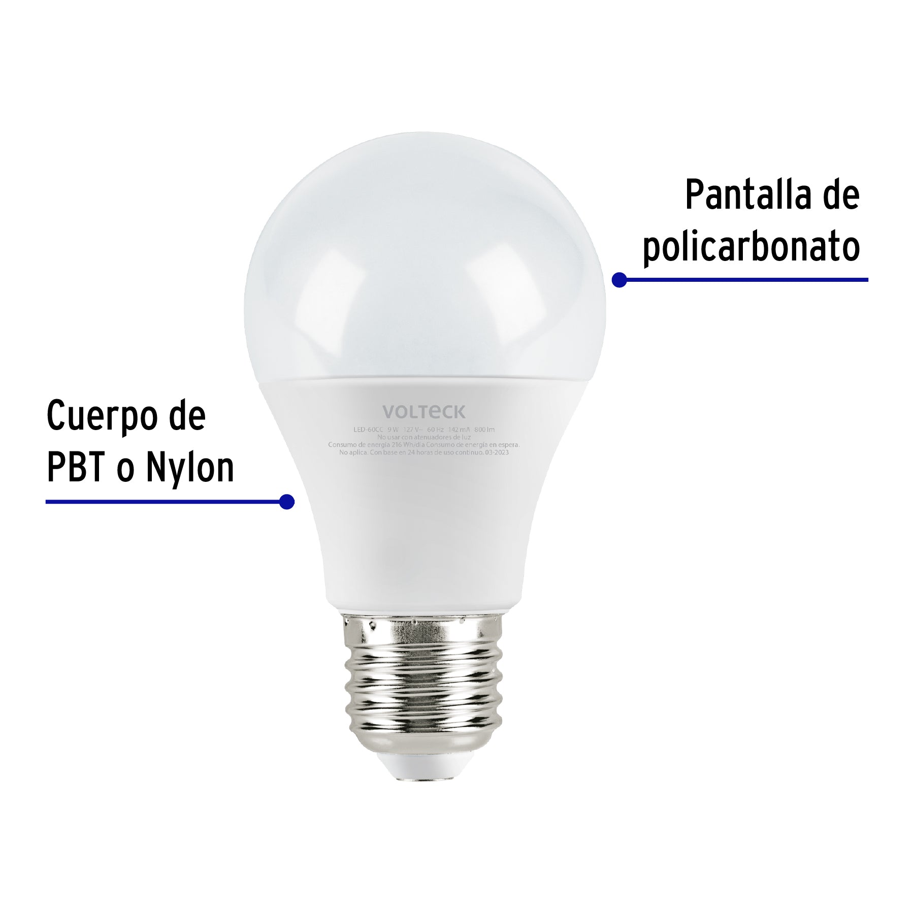 Lámpara LED tipo bulbo A19 9 W luz cálida, caja, Volteck