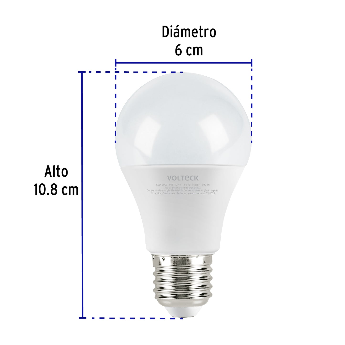 Lámpara LED tipo bulbo A19 9 W luz cálida, caja, Volteck