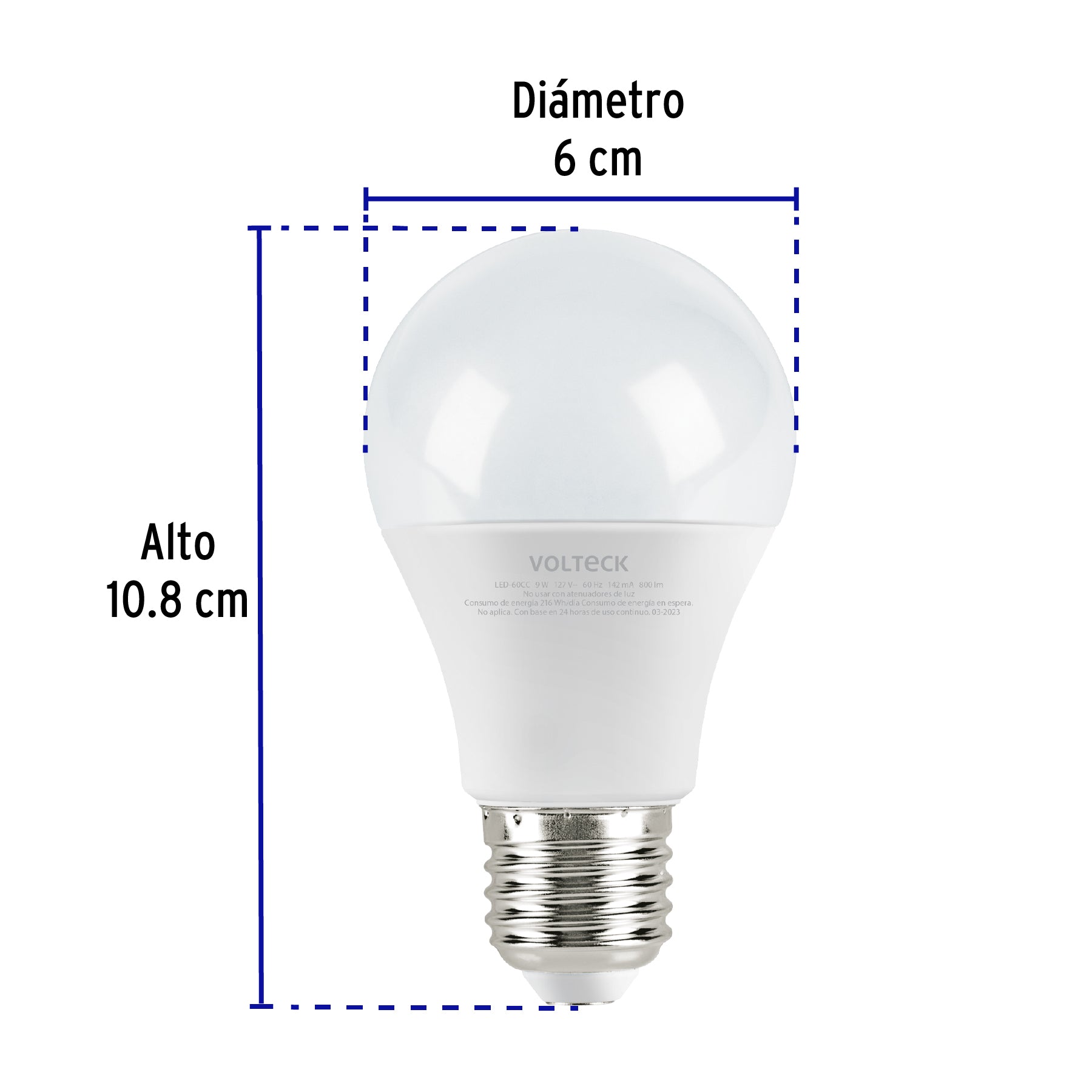 Lámpara LED tipo bulbo A19 9 W luz cálida, caja, Volteck