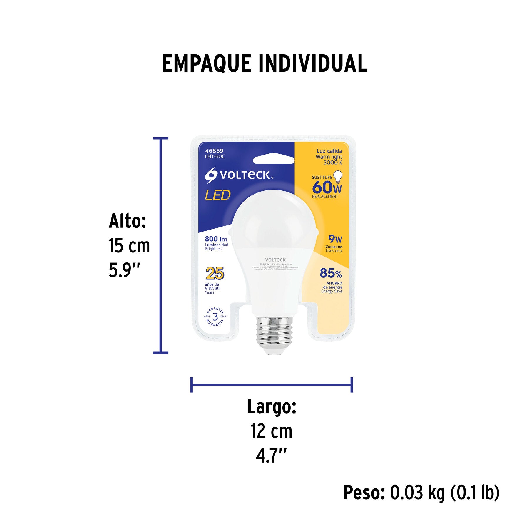 Lámpara de LED, A19, 9 W, luz cálida