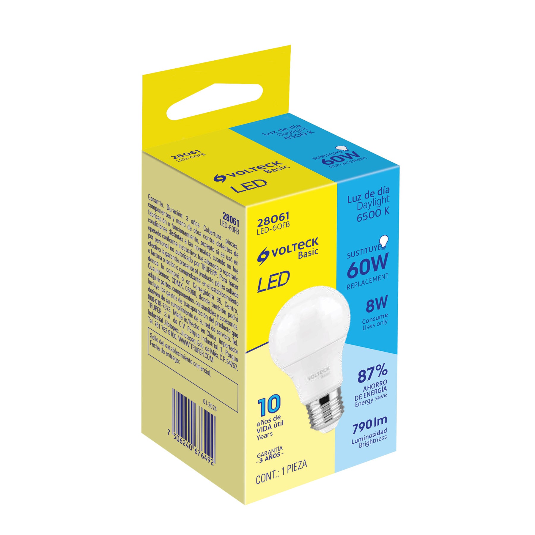 Lámpara de LED, A19, 8 W, luz de día, Volteck Basic