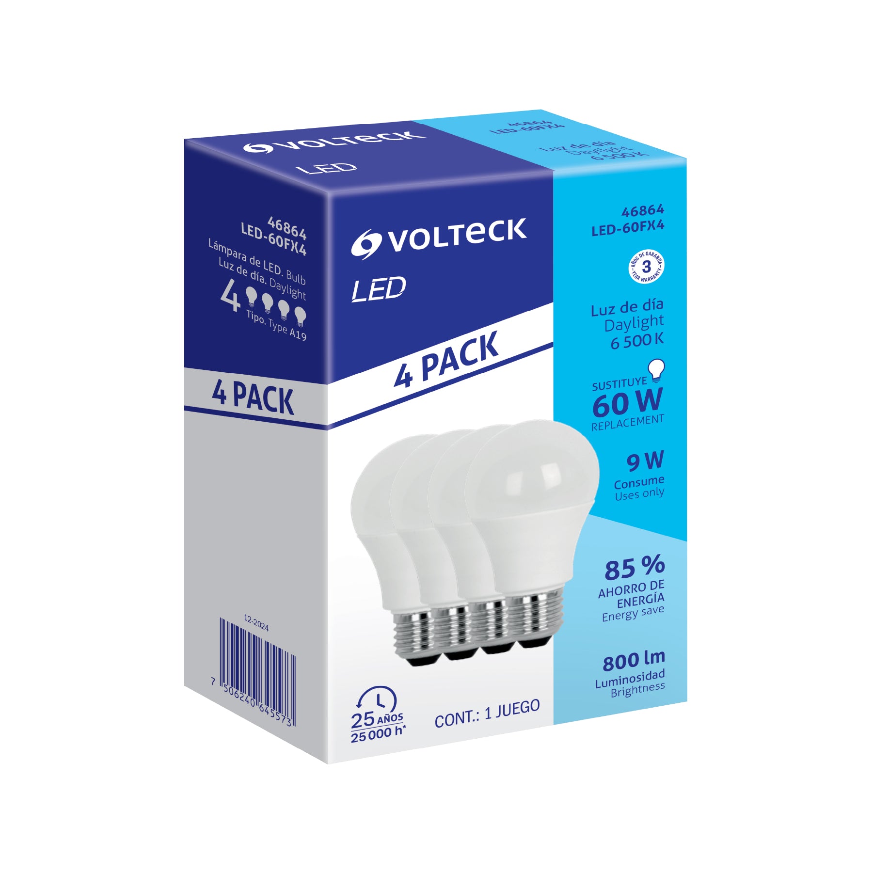 Lámpara de LED, A19, 9W, E27, luz de día, 4 piezas en caja