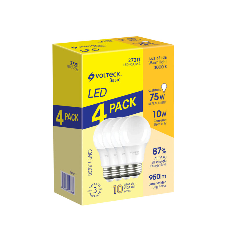 Pack de 4 lámparas de LED A19 10 W, luz cálida, caja, Basic