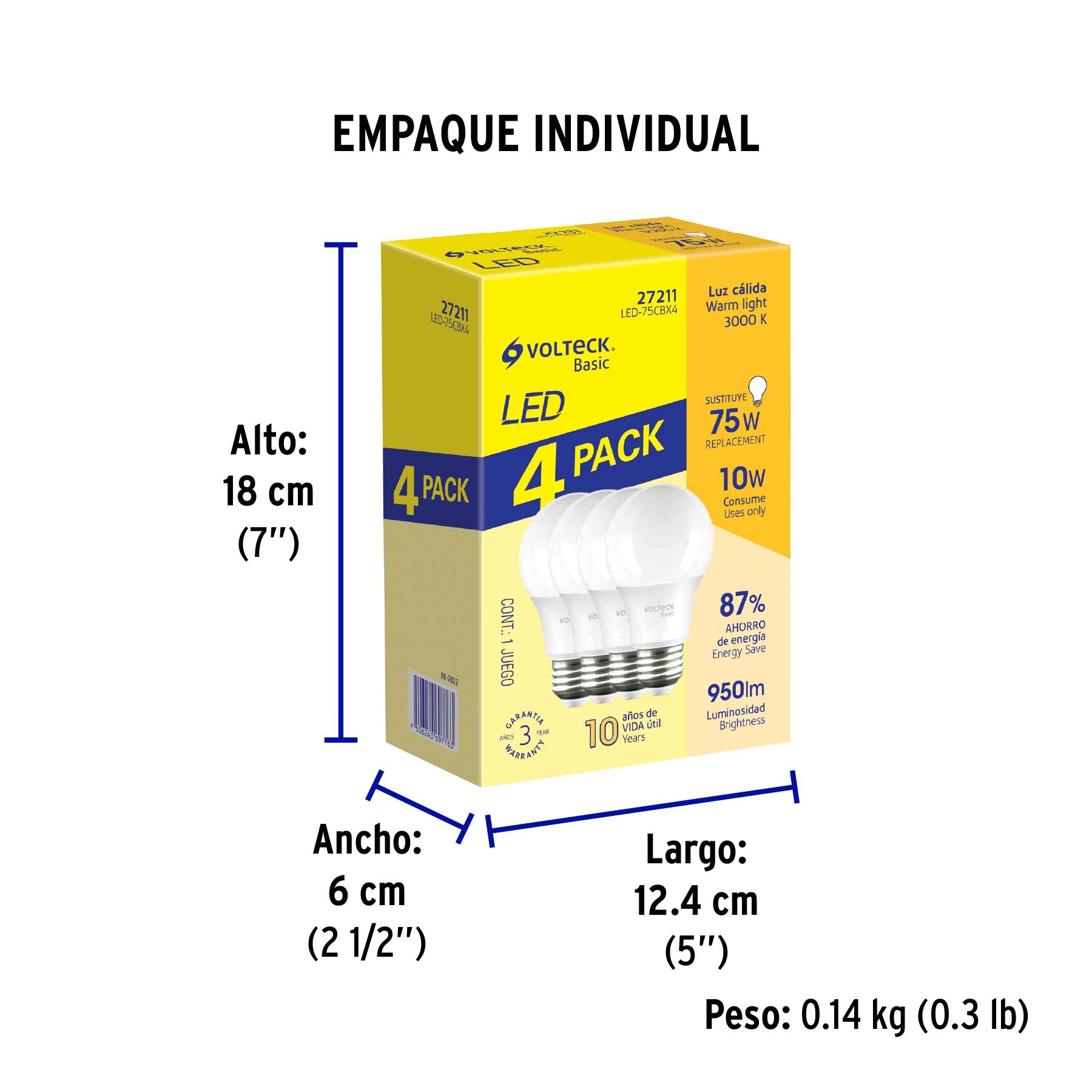 Pack de 4 lámparas de LED A19 10 W, luz cálida, caja, Basic