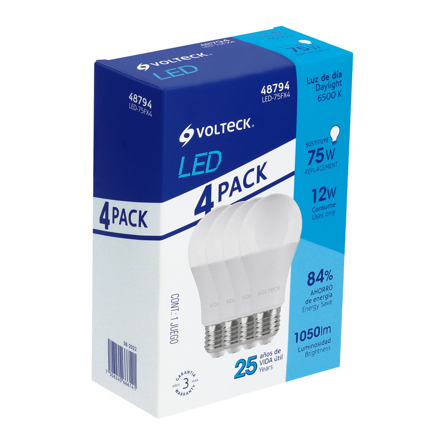 Foco de LED tipo bulbo, A19, 12 W, luz de día, 4 pzas caja