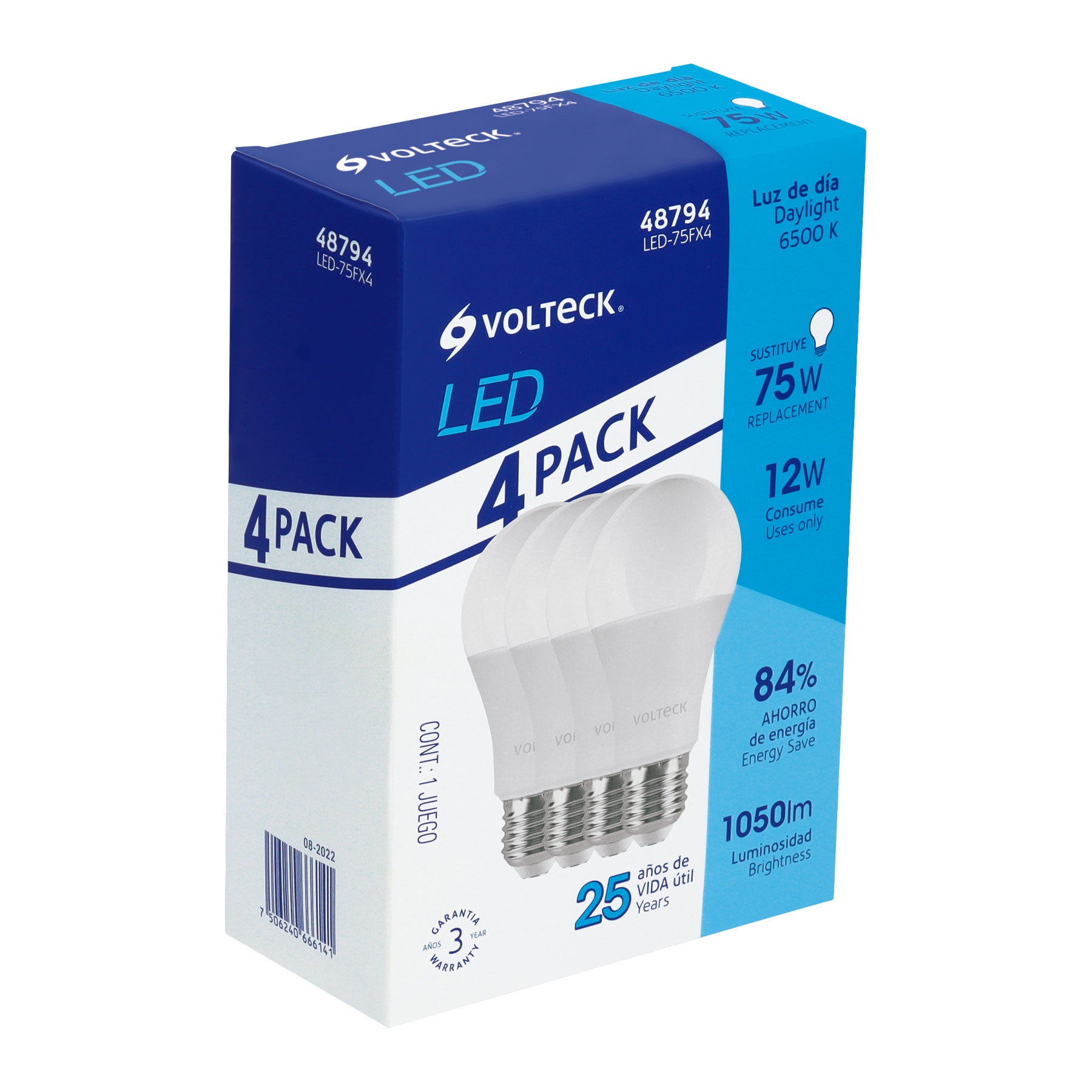 Foco de LED tipo bulbo, A19, 12 W, luz de día, 4 pzas caja