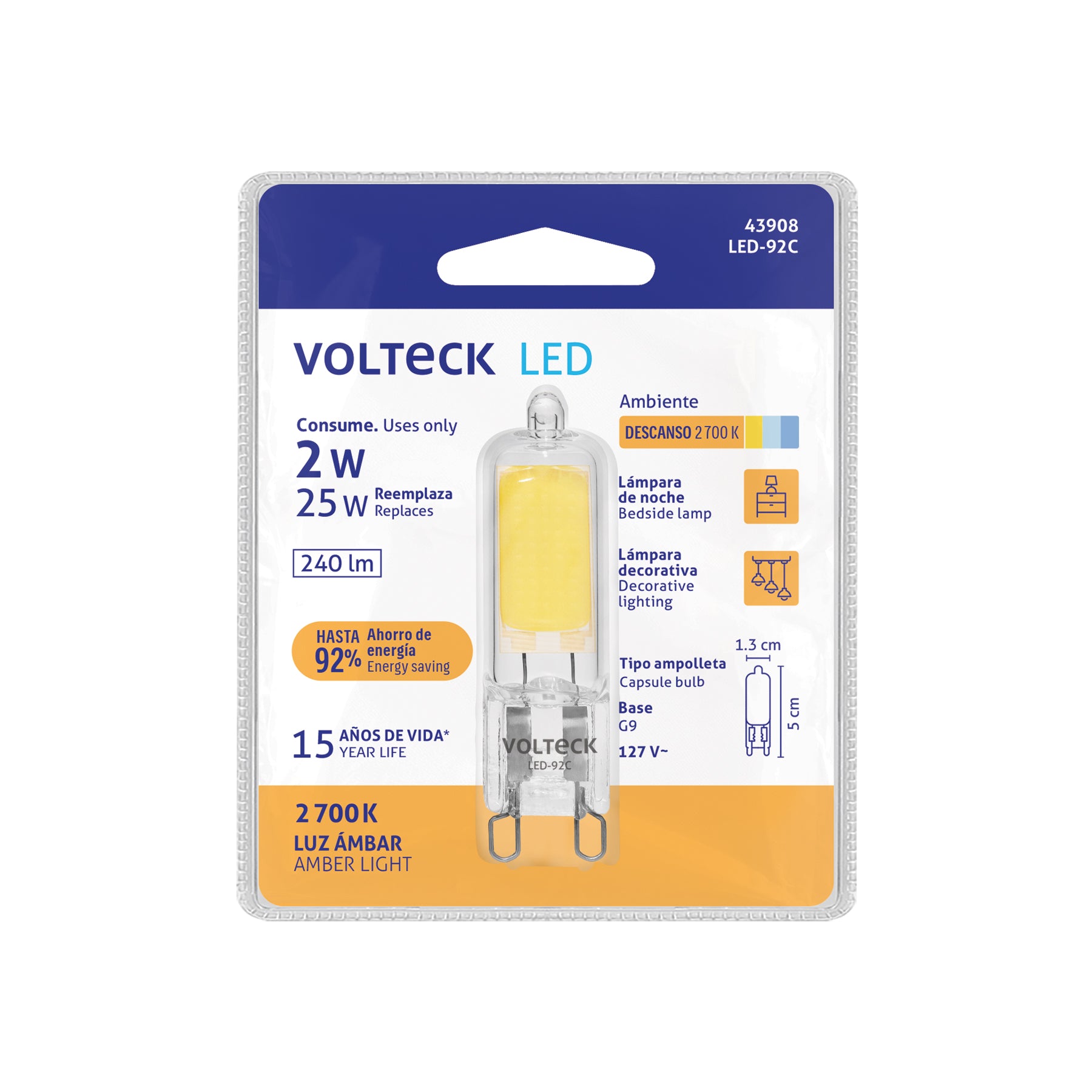 Foco LED 2 W, tipo ampolleta, 2700K luz ámbar, G9, VOLTECK