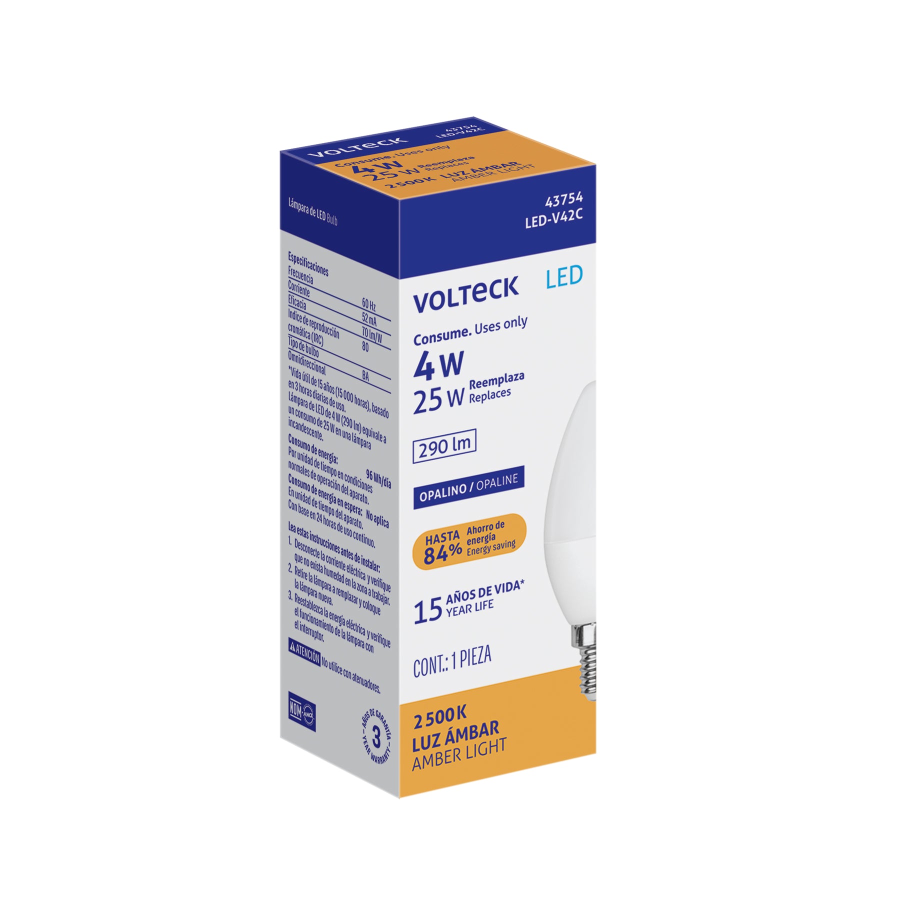 Foco LED tipo vela 4W (25W) 2400K luz ámbar, E12, VOLTECK