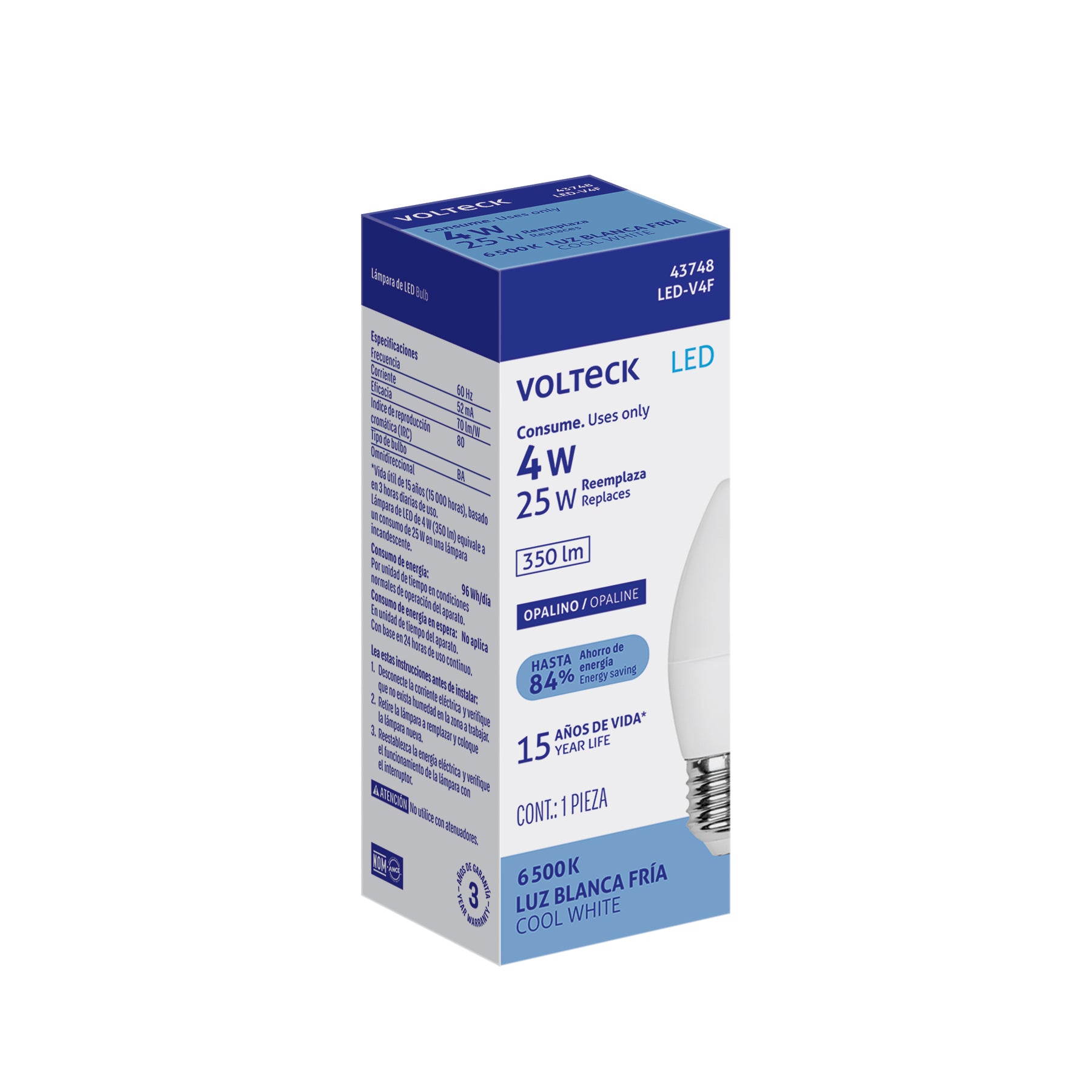 Foco LED tipo vela 4W (25W), luz blanca brillante 6500K, E27